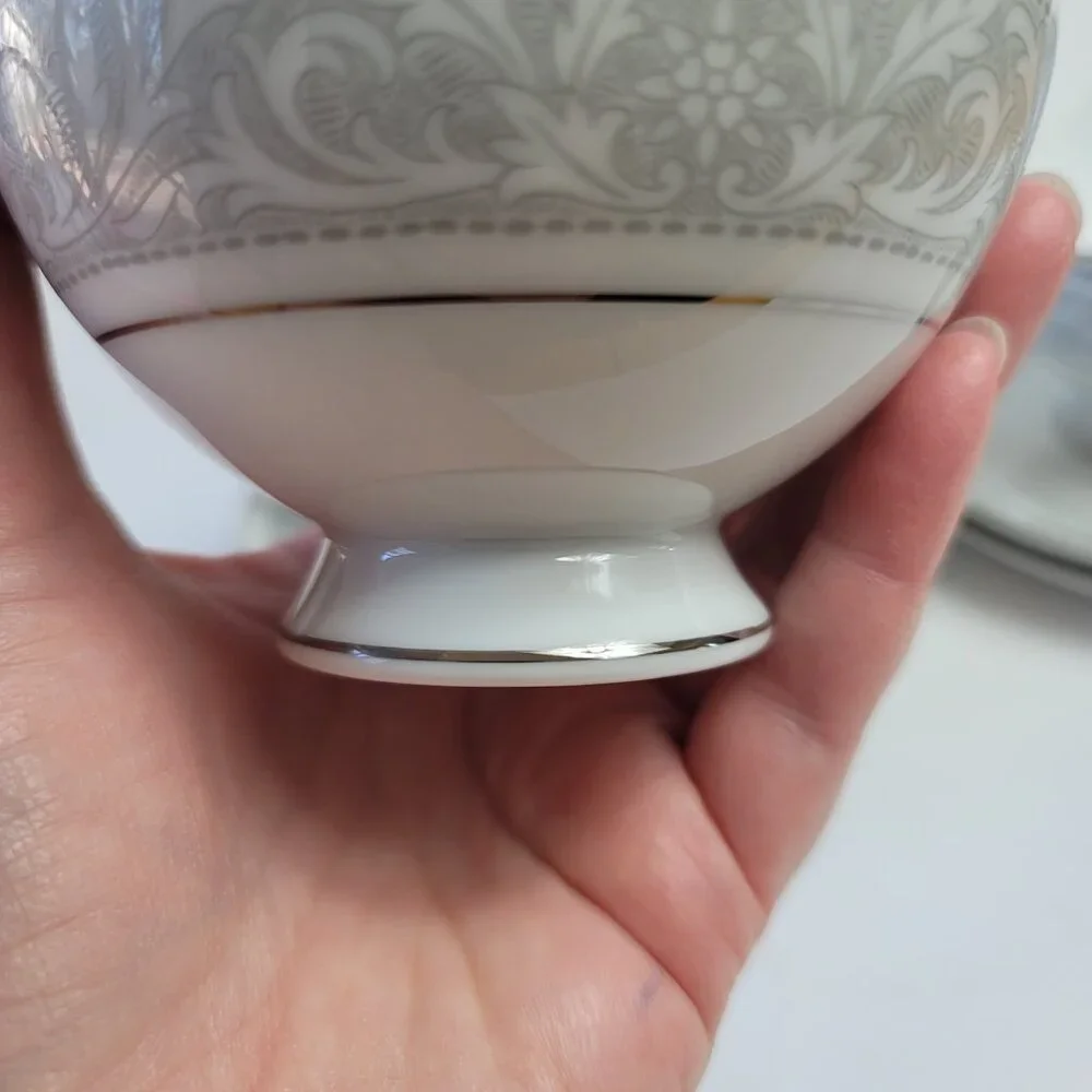 FOUR Imperial China Whitney Cup & Saucers White Gray Band Leaf Scrolls W. Dalton